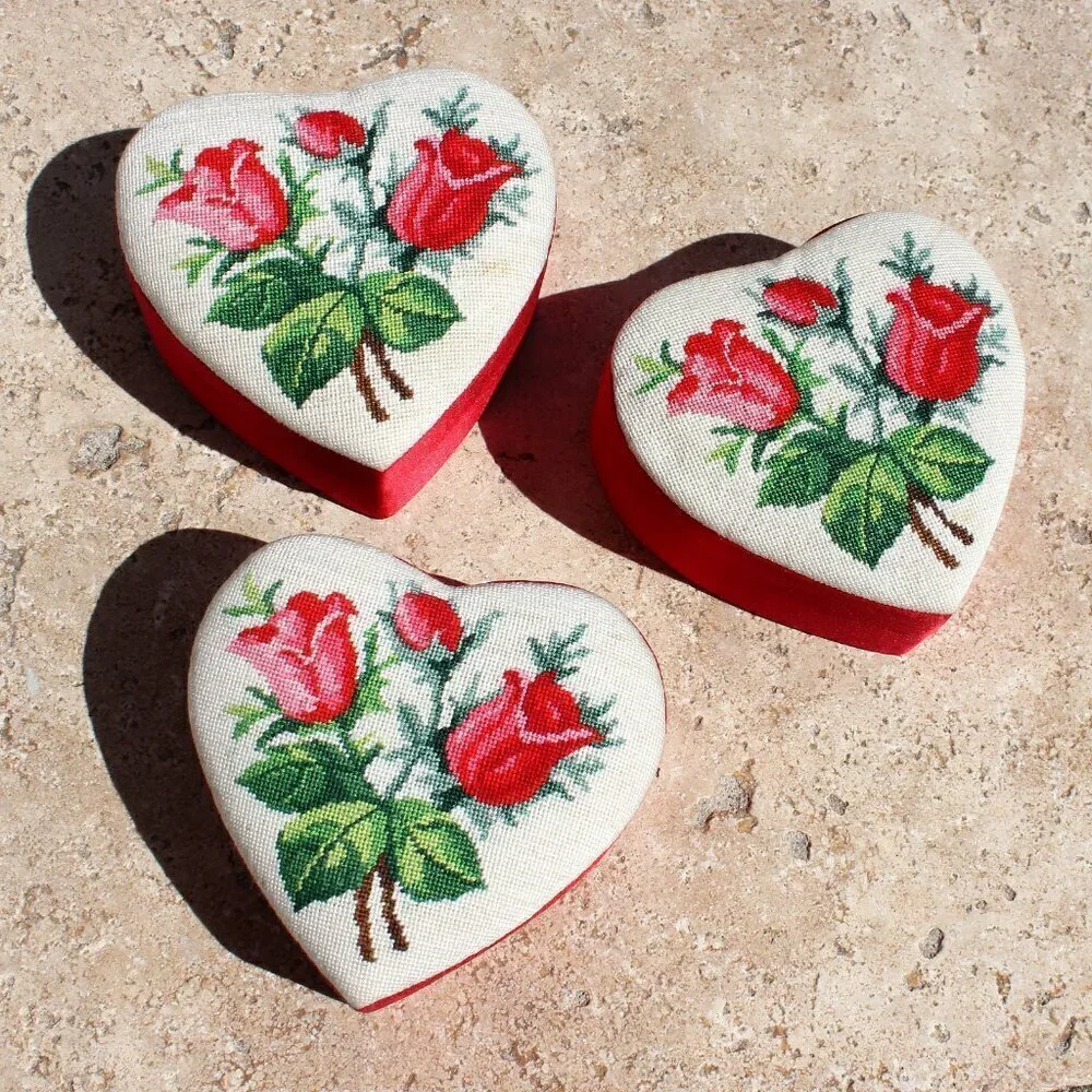 Needlepoint Mini Petite Stitch Roses Floral Red Heart Containers Set of 3